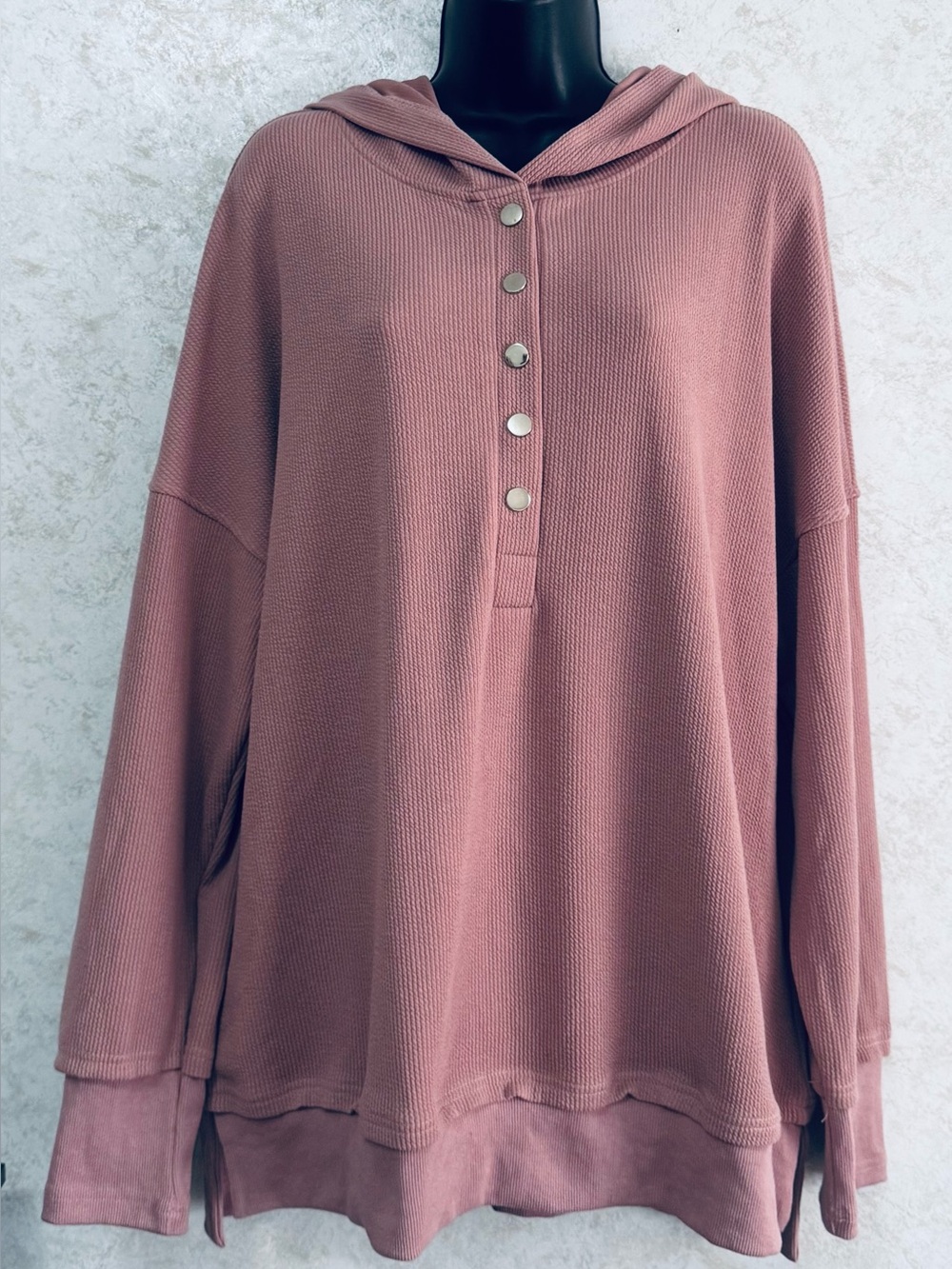 Fashion Women's Large Mauve Textured Knit Hoodie Snap Pullover Long Sleeve